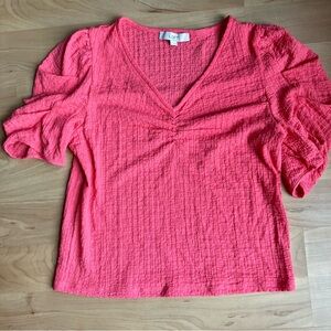 LOFT Coral Pink V-Neck Crinkle Cotton Blouse Shirt with Puffed Sleeves Sz Large